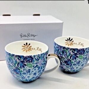 Lilly Pulitzer High Manetenance Blue Floral Mug Set Gold NIB NWT